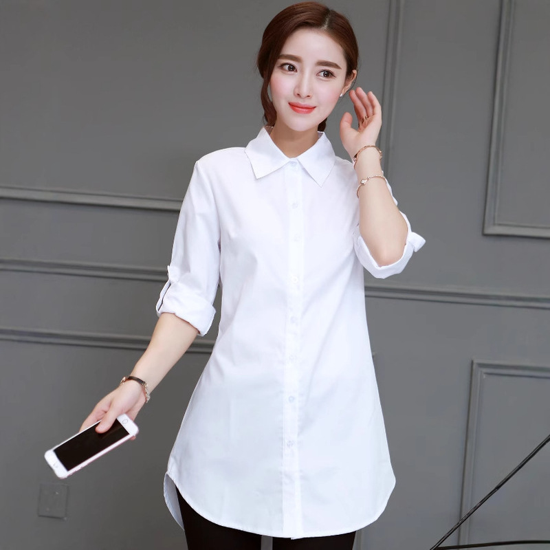 Spring and Autumn New European and American BF Style Women's Shirt Sexy Loose plus size White Shirt Pajamas Women's Mid-length Long Sleeve Top