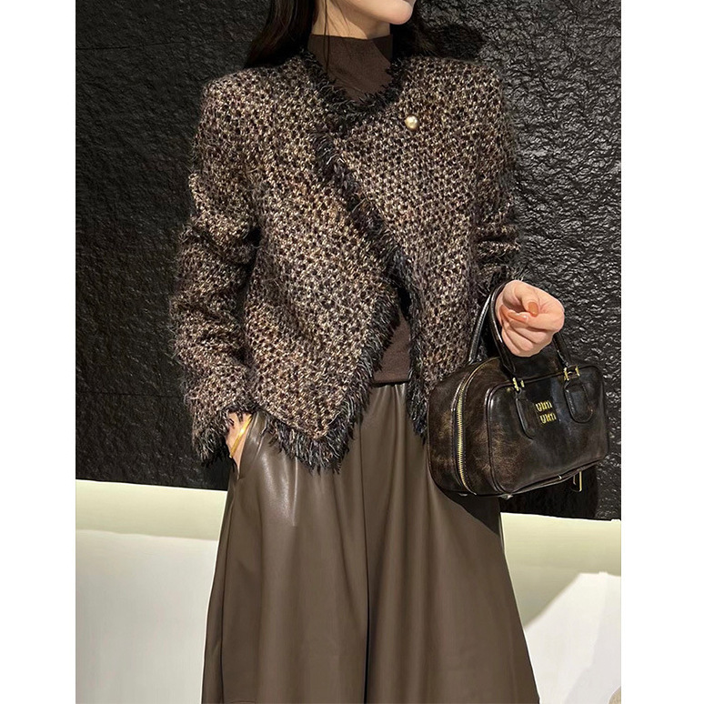 Cross-Border Maillard Outfit Set Wool Chanel-Style Jacket + Skirt Raw Edge Blazer Autumn Women's Tweed