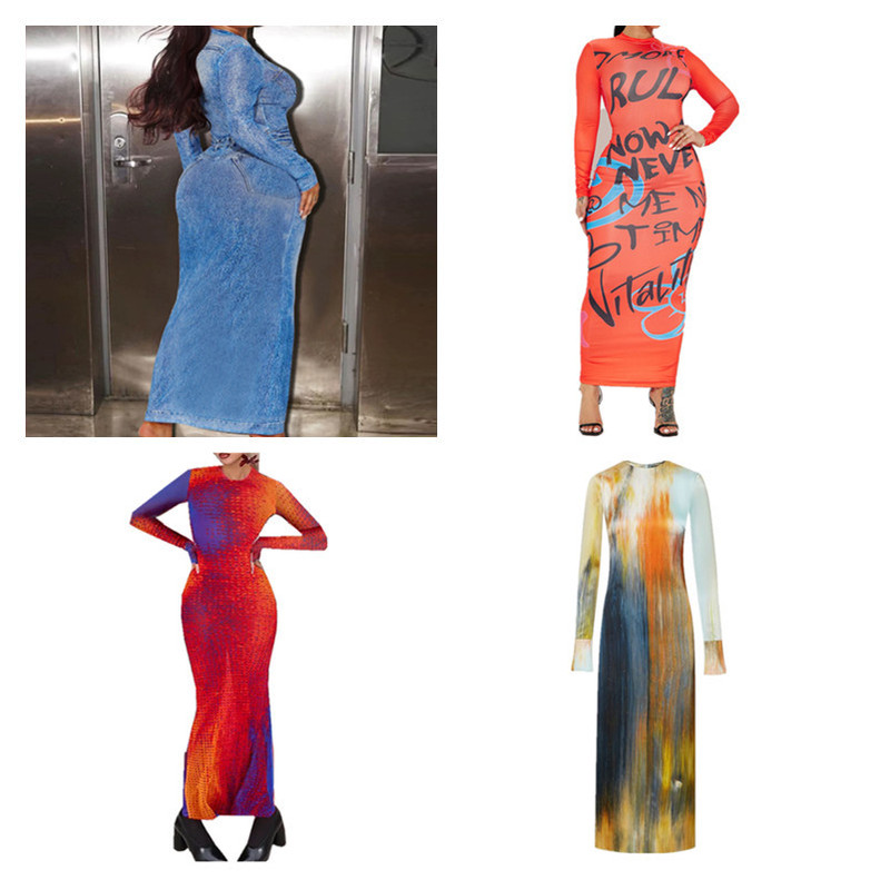 Vintage printed women's dress round neck long sleeve dress European and American fashion personality sexy slim factory wholesale