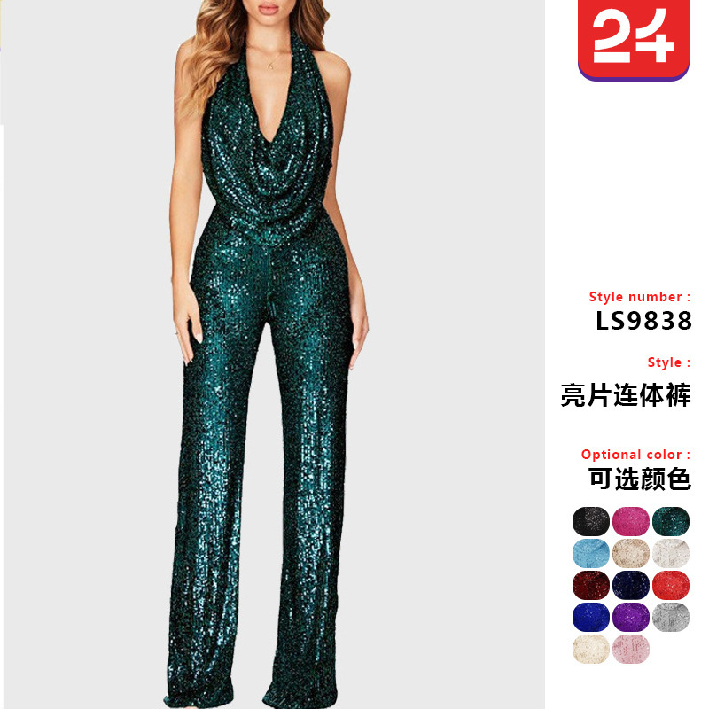 in stock European and American New Amazon 2025 Summer Cross-border Jumpsuit Women's Sleeveless Neck Sequin Jumpsuit Women