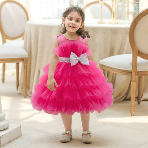  New European and American Girls' Formal Dress with Cute Bow Ties, Net Fabric, Puffed Skirt Summer Baby Girls' Formal Dress