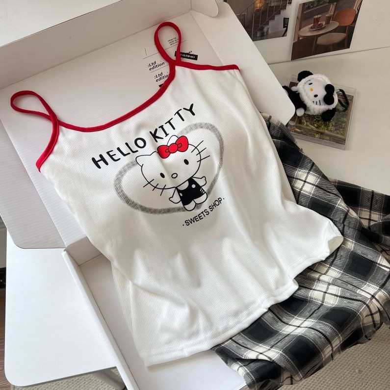 Con almohadilla para el pecho, pijamas hellokitty, pantalones cortos de verano para mujer, suéter de tirantes, lindo traje de servicio a domicilio coreano, algodón de imitación