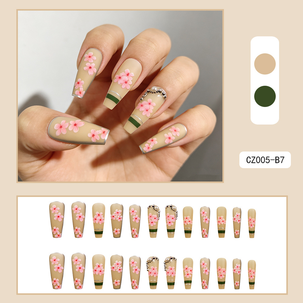 Primavera y verano flores de cerezo tridimensionales cadena de perforación de uñas comercio exterior mate blanqueamiento de uñas 24 piezas parches de uñas al por mayor image 3