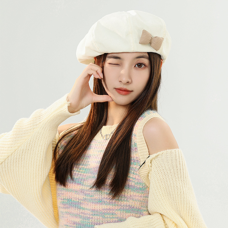 Cappello donna autunno e inverno tinta unita fiocco berretto genitore-bambino coreano versione bianco dolce bocciolo cappello retrò pittore cappello_voghion.com