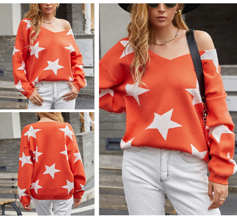 v-neck star printed sweater nihaostyles clothing wholesale NSMMY90310