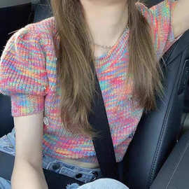 大码胖妹妹正肩针织衫短袖恤女夏季新款设计感小众宽松显瘦上衣