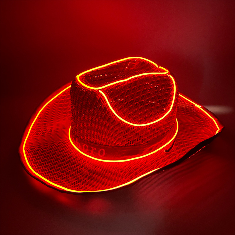 #614-2 3V无线款-草帽发光牛仔帽(翘沿酒红)(红色)