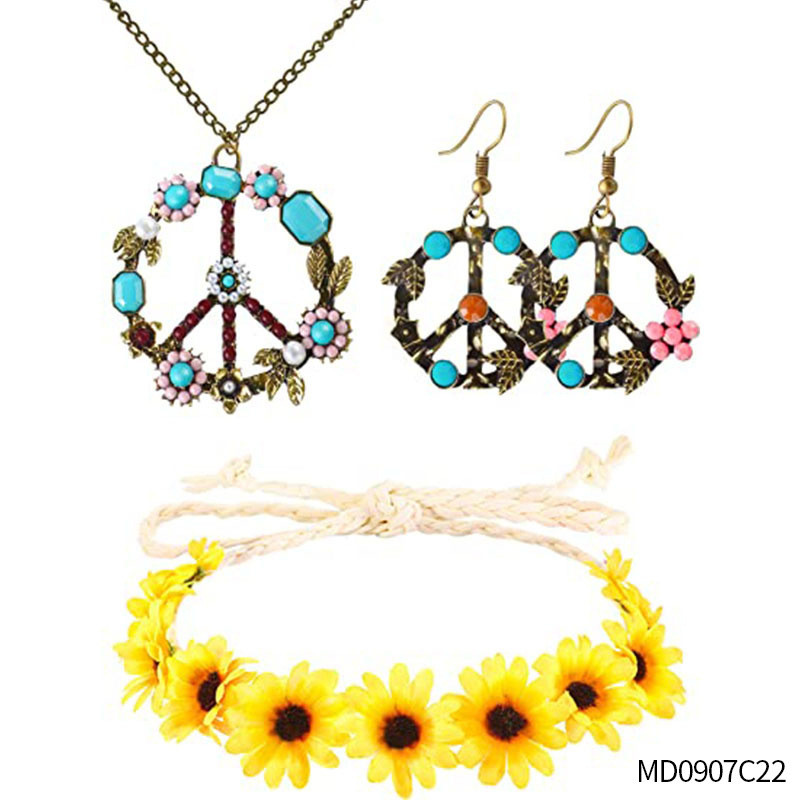 Accesorios de vestir hippies de la década de 1960, diadema de girasol, gafas redondas, conjunto de aretes de collar de talismán de paz
