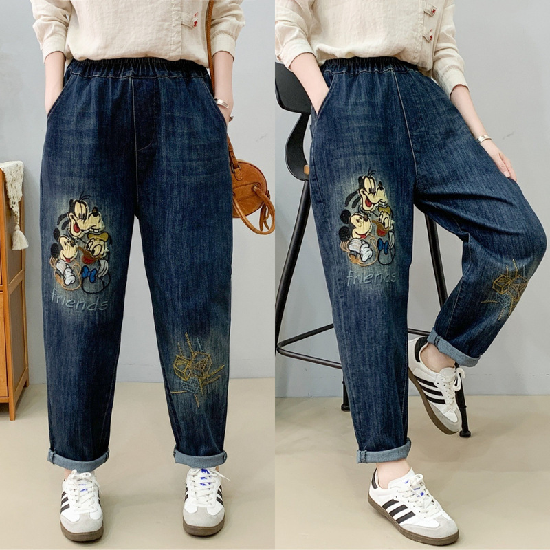 文学レトロ花刺繍ストレッチジーンズ女性の春夏の新しいルーズプラスサイズスリム多用途ハーレムパンツ|undefined