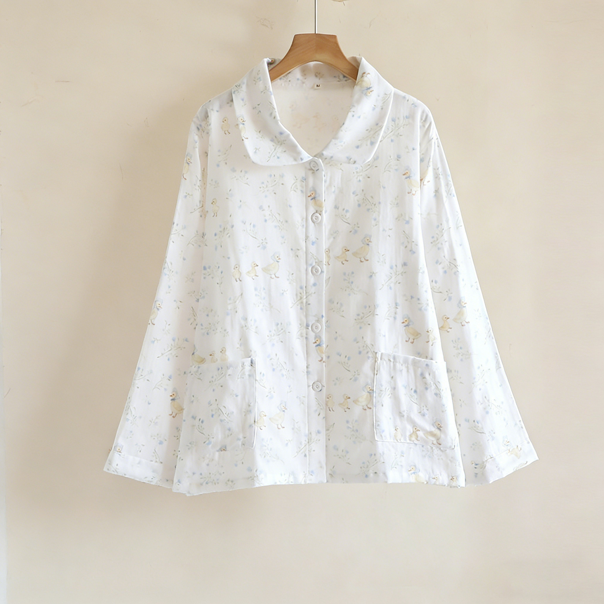 긴팔 거즈 상의 - 화이트 오리 아기