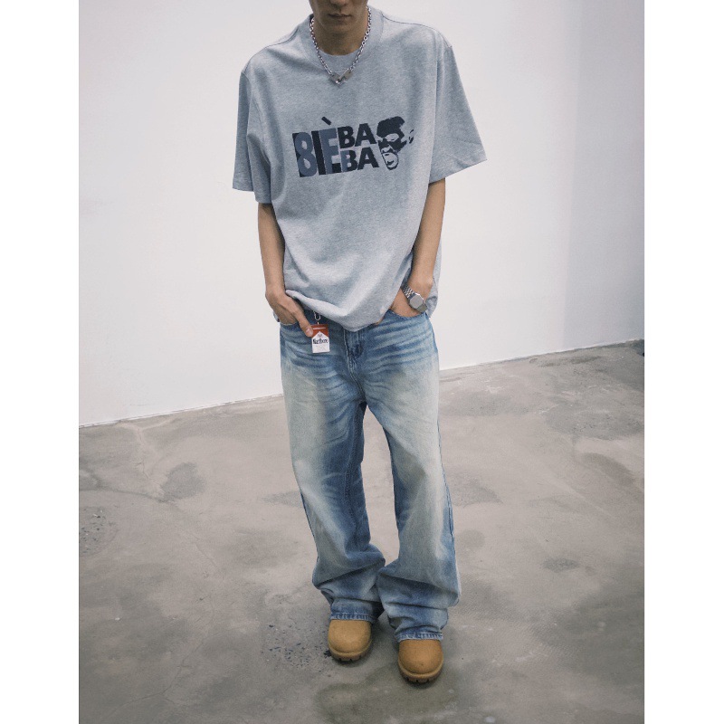 Herren-Jeans aus schwerem, Vintage-gewaschenem Denim, lässige, gerade Passform, A-Linie, Cleanfit-Freizeithose_voghion.com