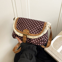 2025新款韩系复古波点古着包包蕾丝花边圆点帆布包单肩斜挎包包女