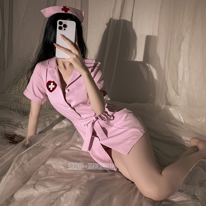 Nurse Role Play Lingerie Set with Open-Crotch Stockings and Leash, One Size Pink — detail image 16