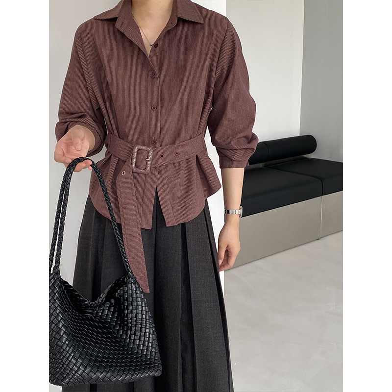 Jiangzuo High-Intelligence Waist-Cinching Tie-Waist Shirt for Women, Korean Style Commuting Design, Simple Short Shirt Jacket 2005 Jiangzuo High-Intelligence Waist-Cinching Tie-Waist Shirt for Women, Korean Style Commuting Design, Simple Short Shirt Jacket 2005