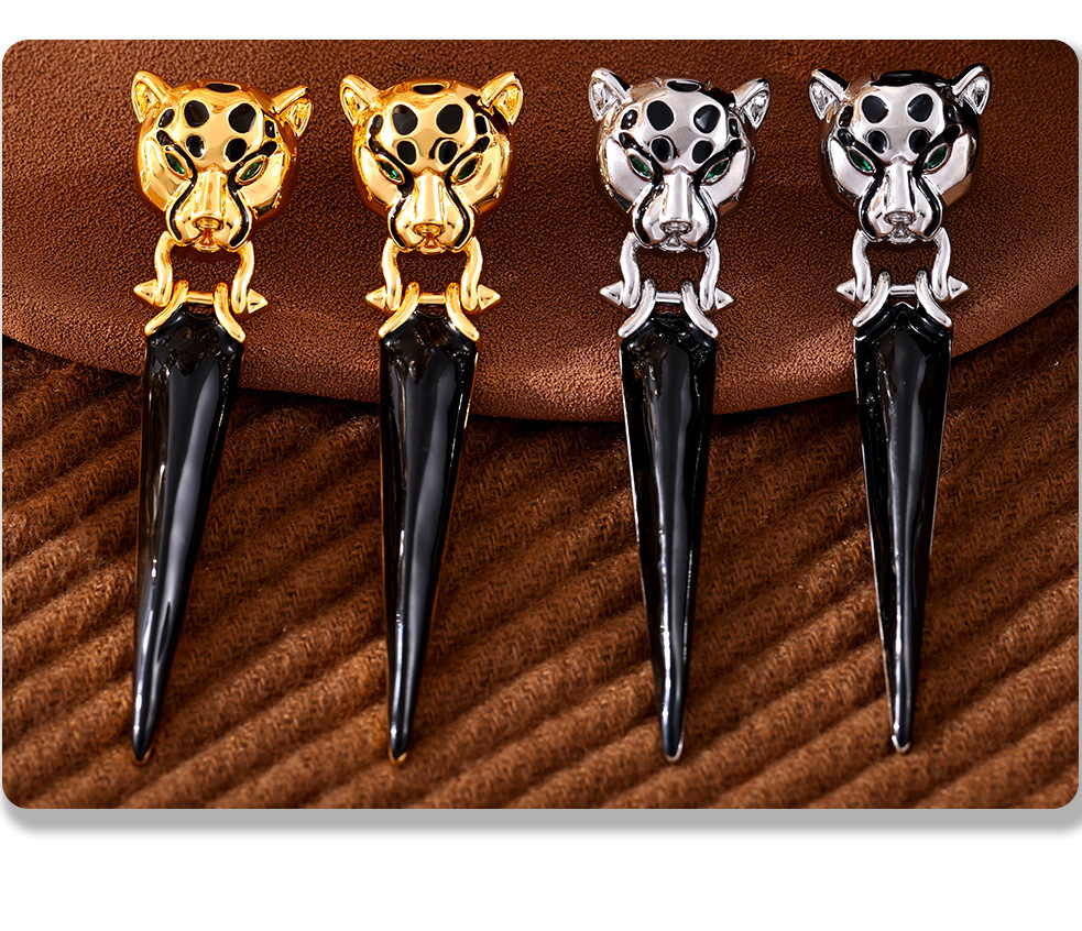 Fangtang Leopard Head Set With Zircon Triangle Tassel Exaggerated Earrings, Environmentally Friendly Material Personalized Earrings_voghion.com