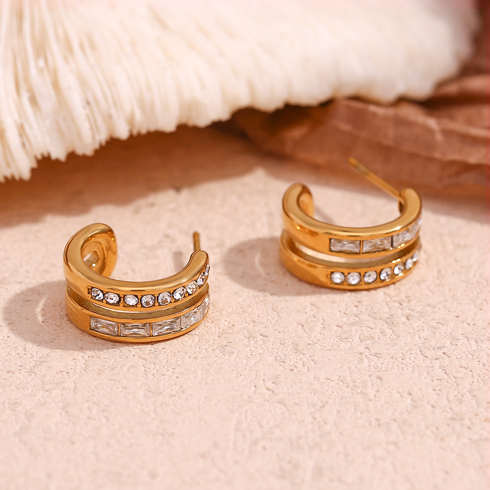 Double C-shaped Zircon Inlaid Stainless Steel Earrings