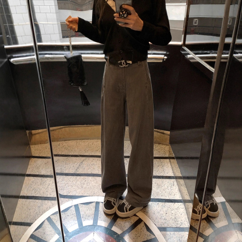 Large Bottle Niche Heavy Vintage Washed Narrow Wide-Leg Jeans for Women Slimming Straight Pants