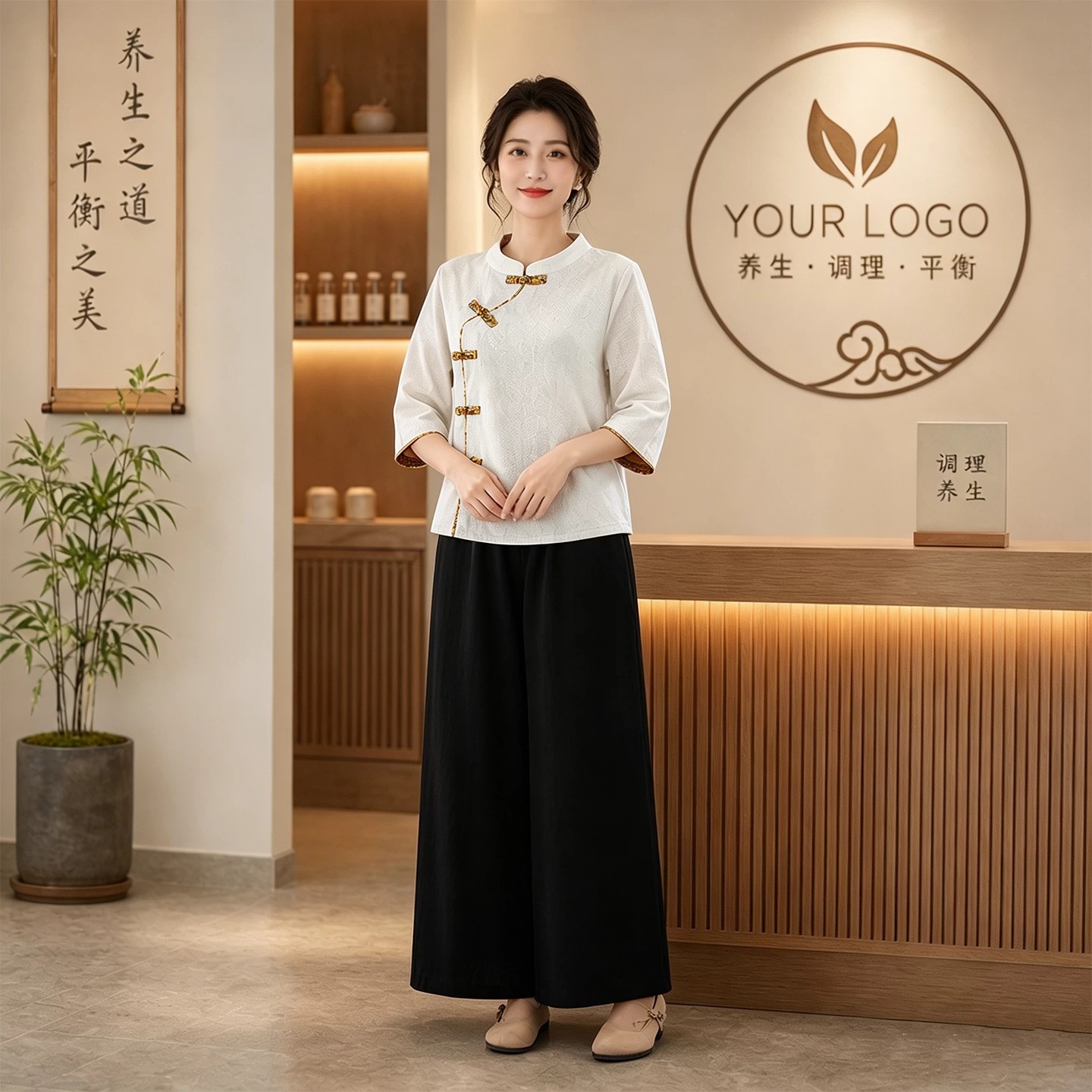 Chinese-Style Workwear for Women, Cotton and Linen Jacquard Set, Clothing for Traditional Chinese Medicine Wellness Centers, Moxibustion Therapy, and Massage Practitioners, Customizable Logo Available
