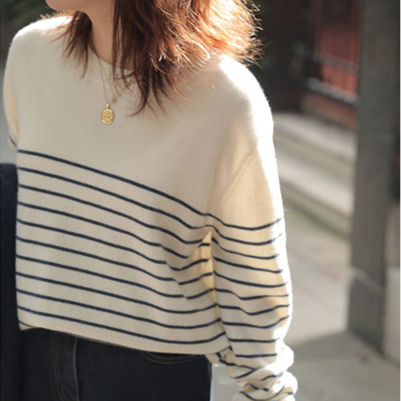 100 Pure Wool Sweater Women's Crewneck Navy Striped Sweater Women's Knitted Pullover Top Korean Loose Cashmere Base