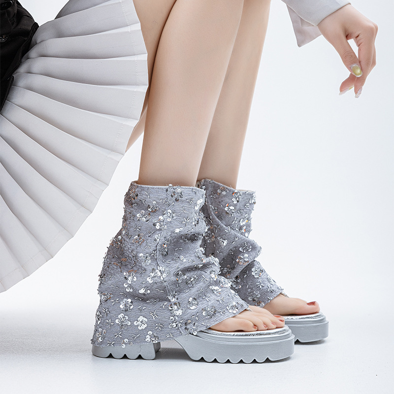Thick-soled thong sandals for women, 2026 summer new style, silver sequin short boots, unique design versatile bootcut boots Thick-soled thong sandals for women, 2026 summer new style, silver sequin short boots, unique design versatile bootcut boots