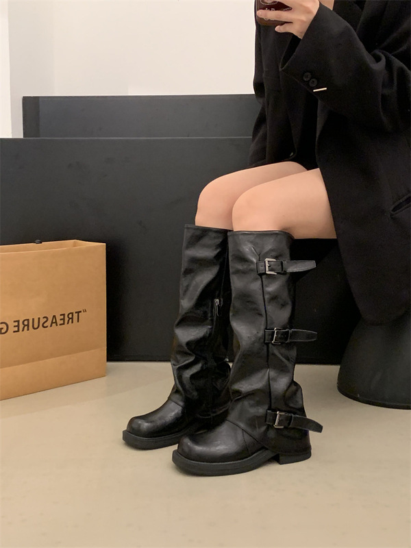 2025新款复古粗跟中筒靴女秋冬新款复古粗跟西部牛仔堆堆靴女|undefined