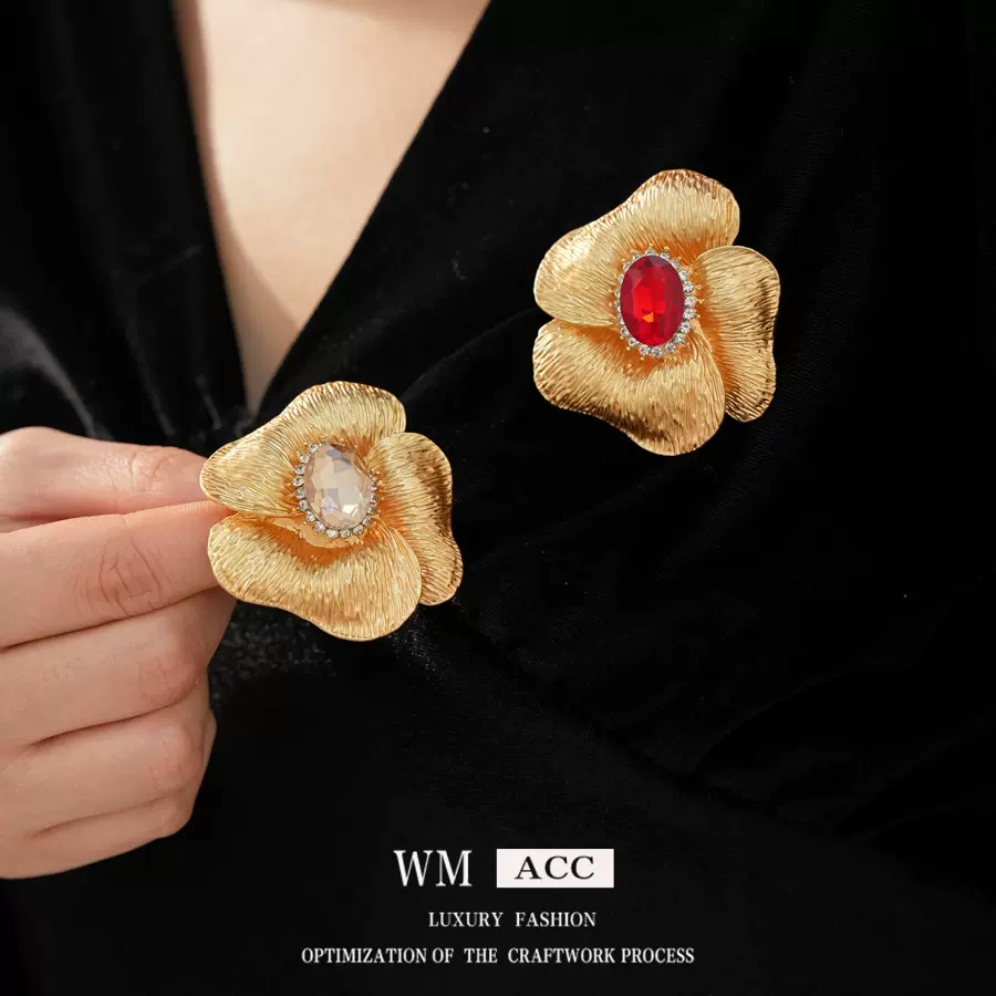 中古vintage镶钻椭圆形花朵胸针高级感轻奢别针复古气质衣饰批发