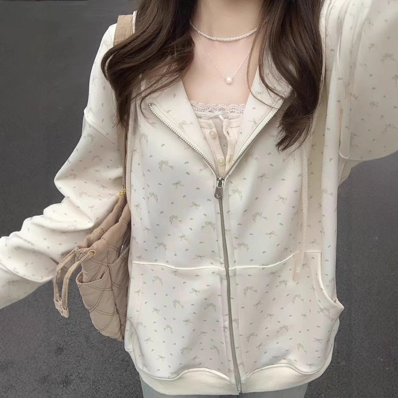 Bow Floral Sweater Coat Women's Spring and Autumn Hooded Korean Fashion Wear Casual All-match Thin Cardigan Top Bow Floral Sweater Coat Women's Spring and Autumn Hooded Korean Fashion Wear Casual All-match Thin Cardigan Top