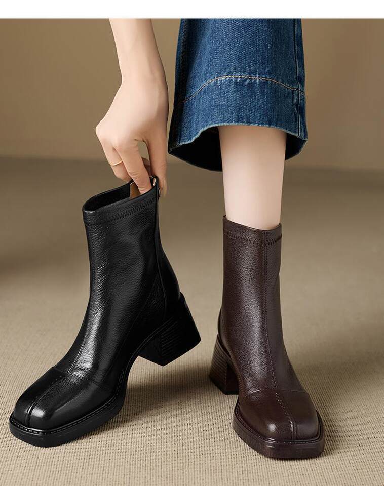 Bốt ngắn nữ mũi vuông da bò gót dày 6 cm khóa kéo sau — Màu nâu (lớp lót nhung 6cm) có sẵn hàng, Màu nâu (lớp lót đơn 6cm) có sẵn, Màu đen (lớp lót nhung 6cm) có sẵn hàng, Màu đen (lớp lót đơn 6cm) có sẵn hàng chi tiết 5