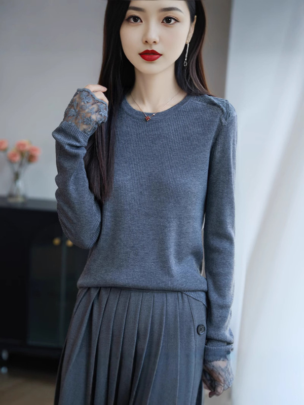 法式蕾丝钩花miu系针织衫女圆领修身毛衣25新款内搭女装打底上衣|undefined