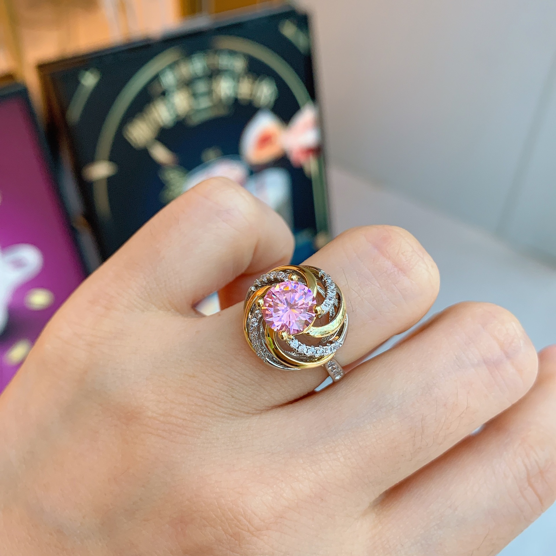 Retro Color Block Copper Gold Plated Inlay Rhinestones Open Ring