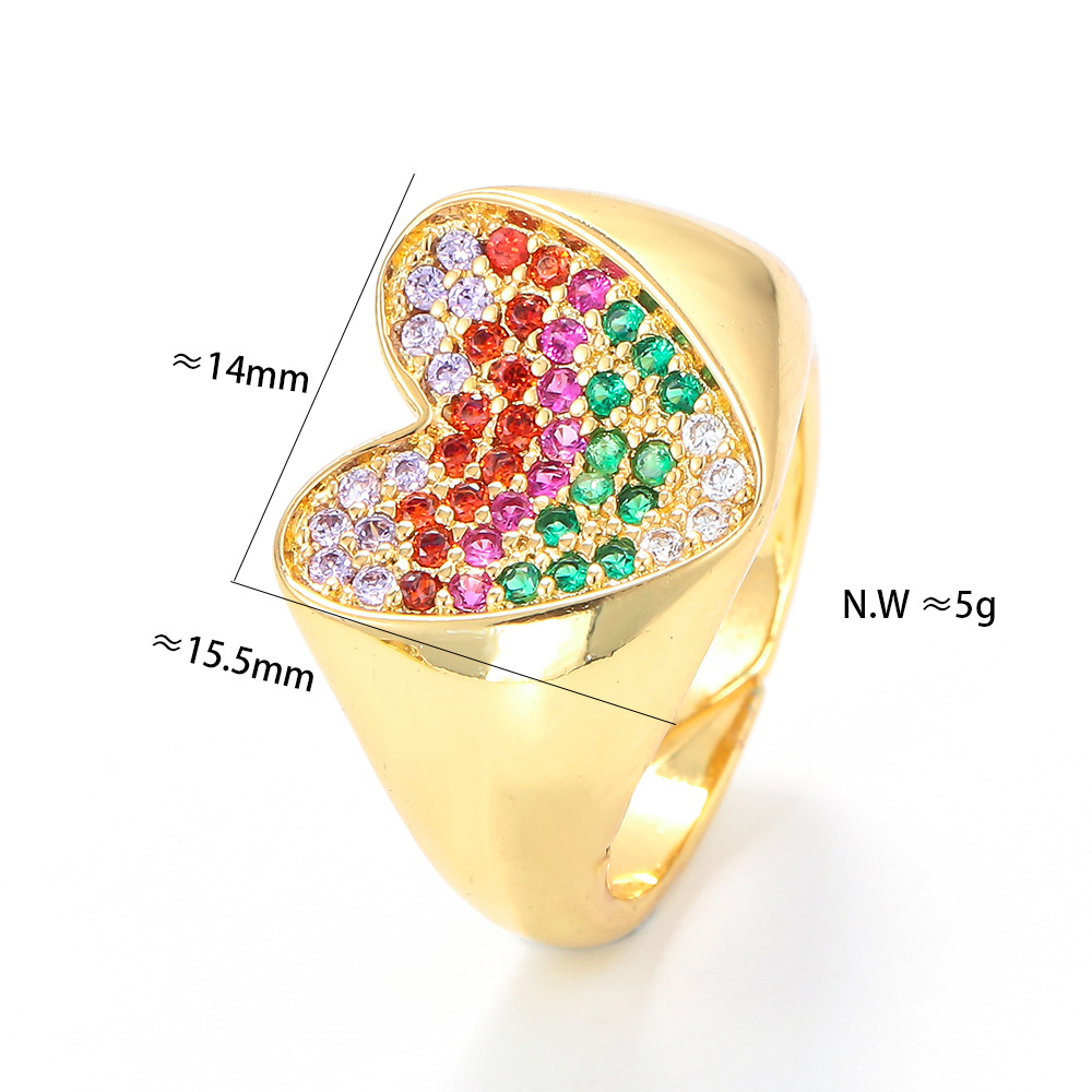 Plating Design Vintage Style Style European And American Retro Colorful Crystals Ring Peach Heart Heart-shaped Open Adjustable Wide Thick Ring European And American Style Jewelry For Men