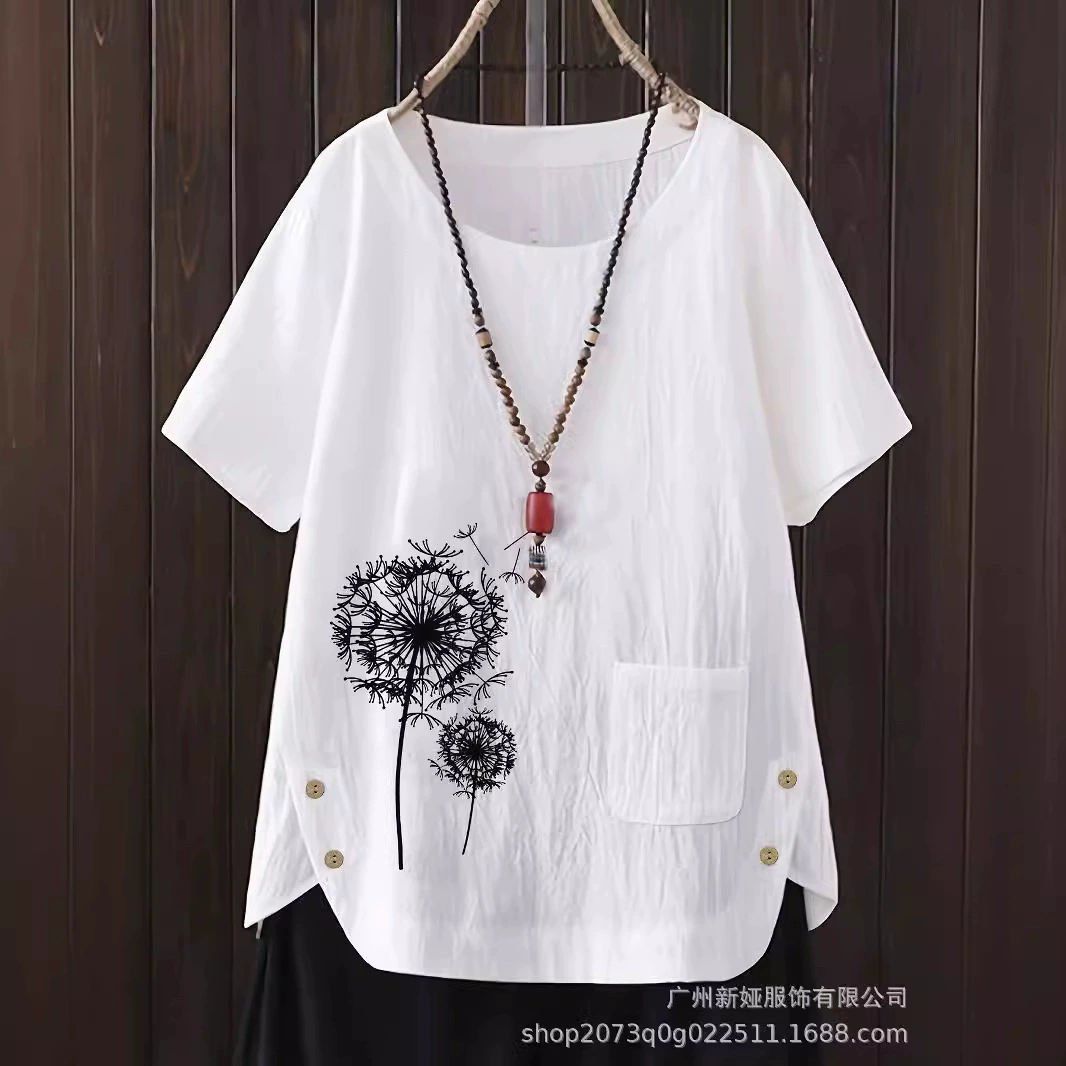 Летняя новая модель большого размера повседневная свободная хлопчатобумажная и льняная печать с короткими рукавами футболка ватная и льна женская одежда