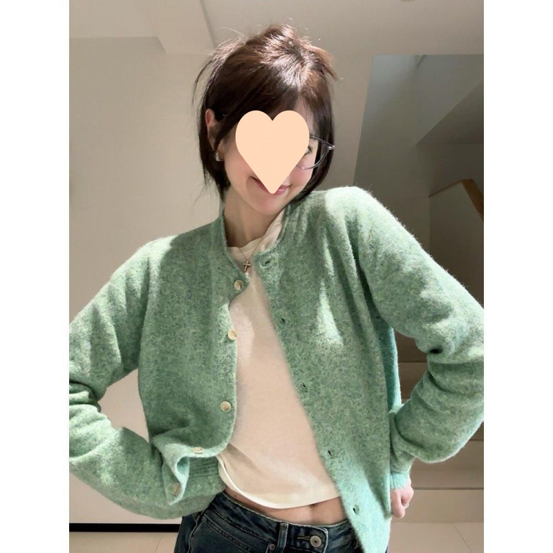 百搭薄荷绿卷边针织开衫女春秋百搭绿色上衣早春外搭软糯毛衣外套|undefined