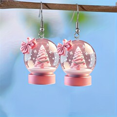 ヨーロッパとアメリカの人気のアクリルイヤリングクリスマススノーボールケーキツリーファッションイヤリングピンクのリボン付きクリスマス