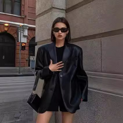 Retro Personalized Large Size Loose Black Leather Suit Jacket for Women Spring and Autumn Cross-Border Foreign Trade Brown Suit for Women