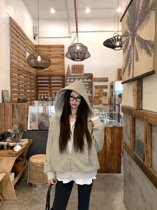 【自家工厂现货】条纹拉链连帽卫衣外套女美式复古宽松慵懒上衣|undefined