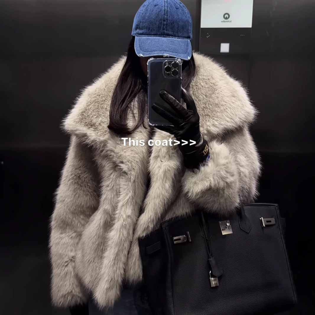 跨境欧美冬季皮草外套水貂毛大翻领女士上衣大码毛毛宽松短款外贸
