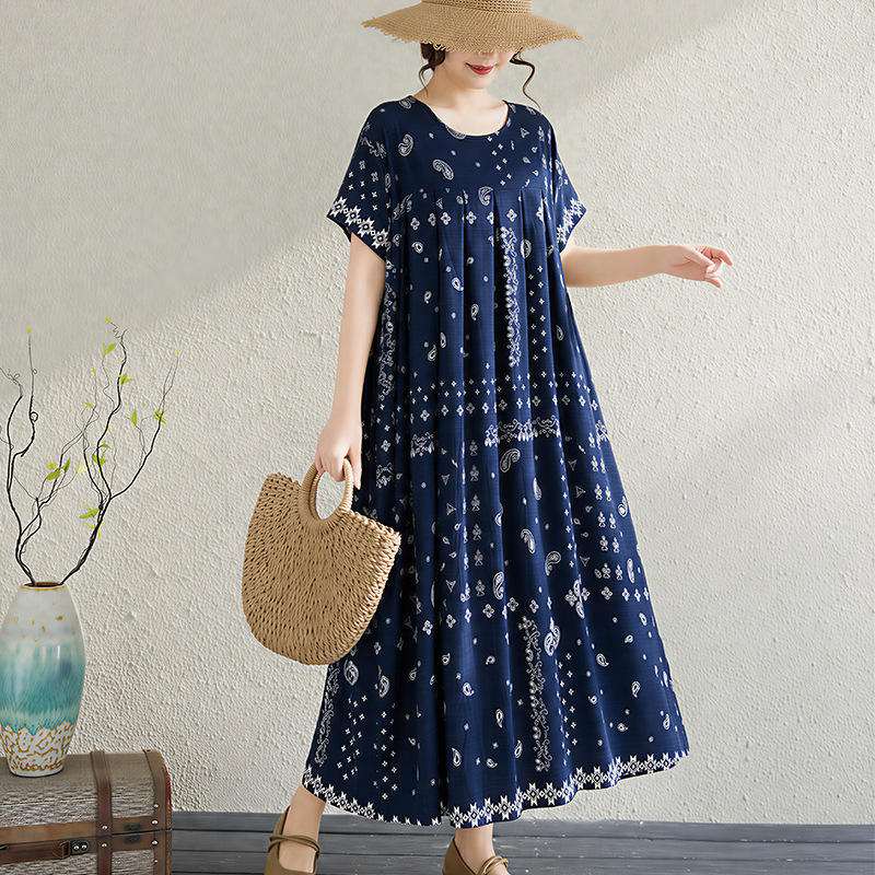 Middle-Aged and Elderly Women's Cotton Silk Dress, Summer Thin Large Size Rayon Home Wear, Outerwear Cotton Silk Nightgown