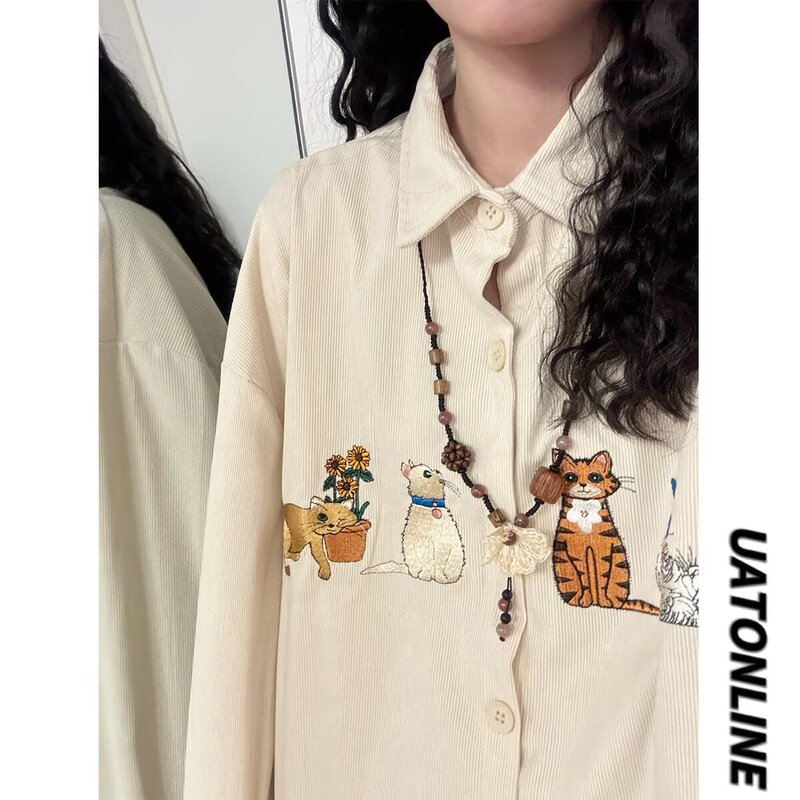 2025 Spring and Autumn New American Retro Fun Cute Cat Embroidery Literary Casual Long Sleeve Shirt Tops for Men and Women 2025 Spring and Autumn New American Retro Fun Cute Cat Embroidery Literary Casual Long Sleeve Shirt Tops for Men and Women