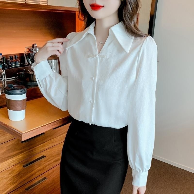 新中式盘扣白色衬衫女春季2025新款复古翻领长袖气质国风衬衣上衣|undefined