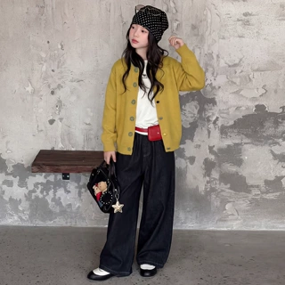 韩系女童彩扣针织开衫外套2026新款黄色毛衣开衫阔腿裤牛仔裤套装