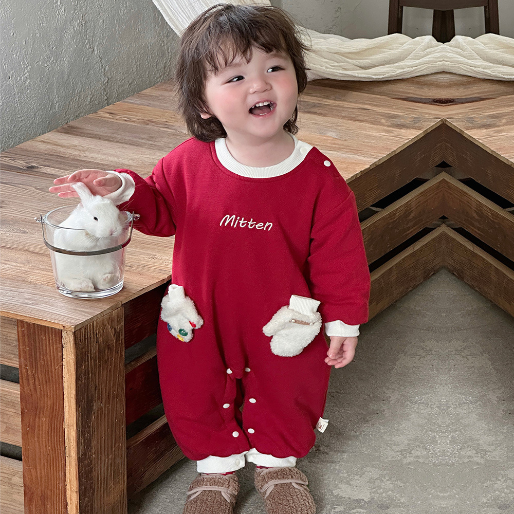2024 nuevo traje de gatear para bebé de invierno, estilo occidental, cálido, cómodo y grueso de una pieza, vestido rojo de Año Nuevo, vestido de fin de semana