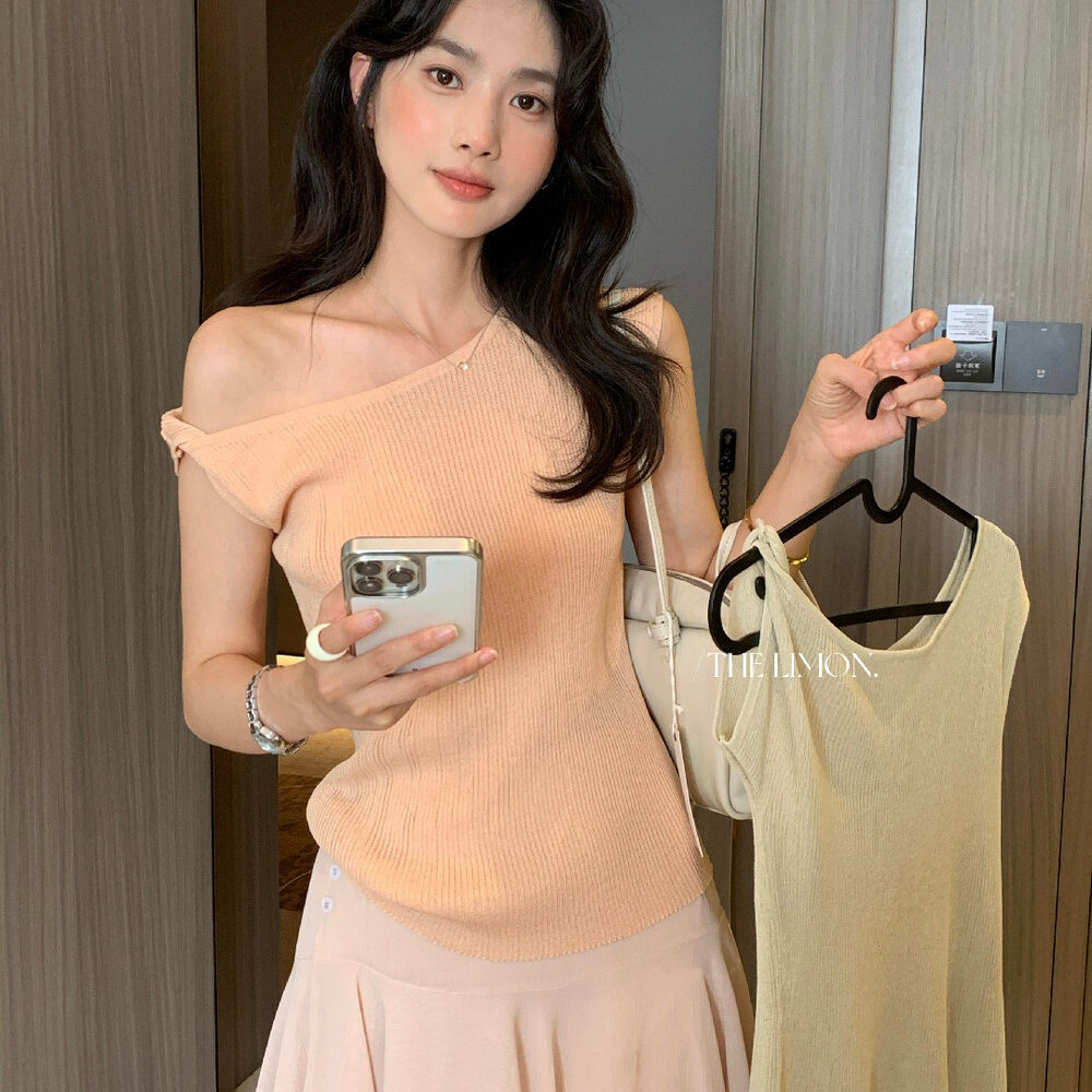 Áo len nữ cổ lọ tay dài phong cách Hàn Quốc, thiết kế vai lệch thắt nút, ôm nhẹ — Thẻ nông, Đậu nành, xám đậm, màu đen