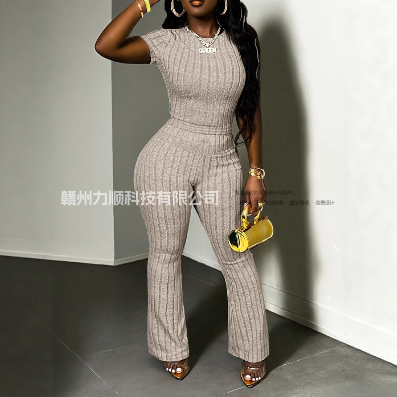Cross-Border Popular Elegant Women's 2-Piece Set Round Neck Short-Sleeved Top & Slim Flared Pants Knitted Casual Suit