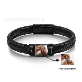 跨境个性化男士皮革绳手链uv印刷彩图diy刻字皮革编织手环不锈钢
