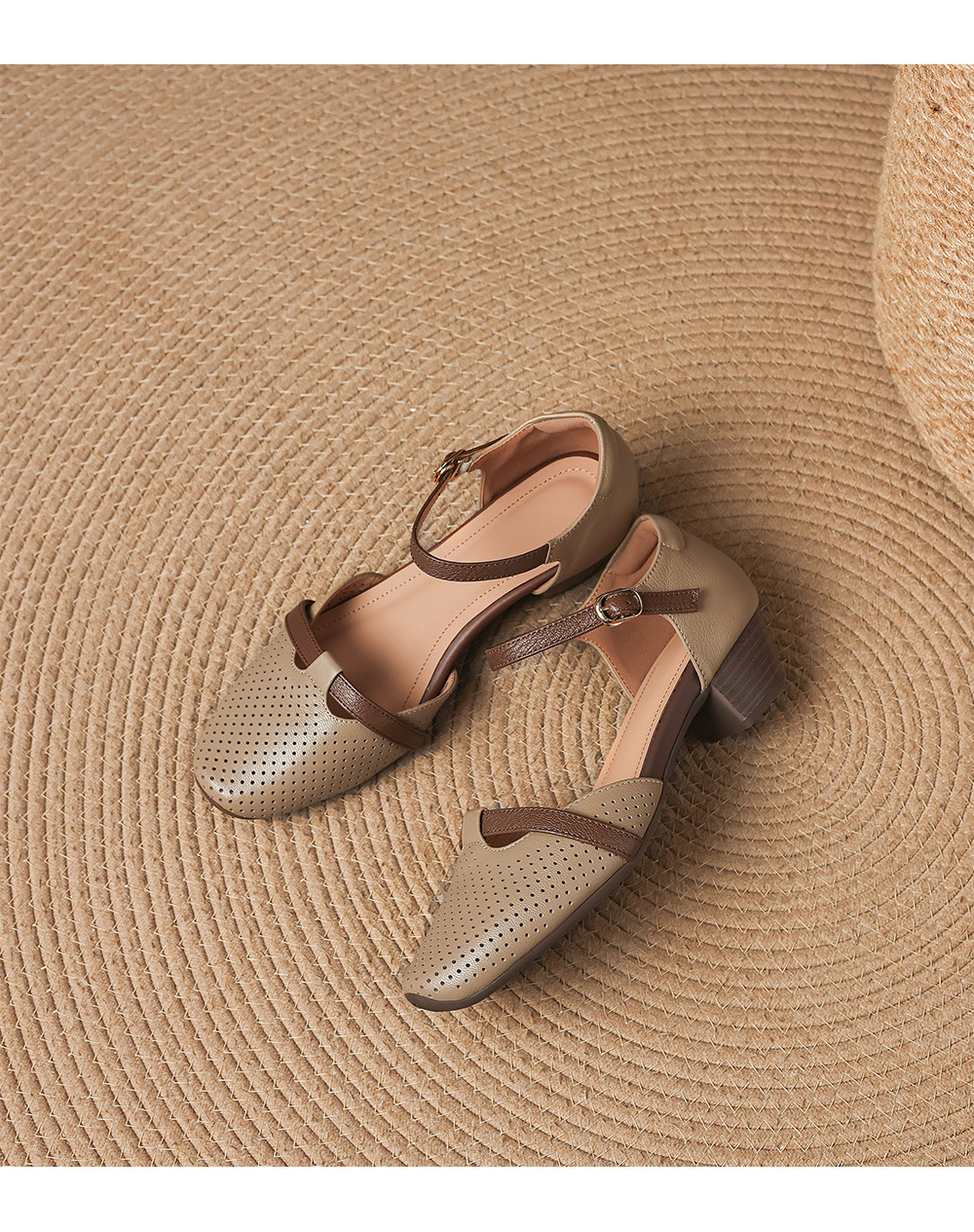 Sandal nữ da cừu mũi kín gót vuông quai ngang khóa một chữ — màu trắng ngà chi tiết 16