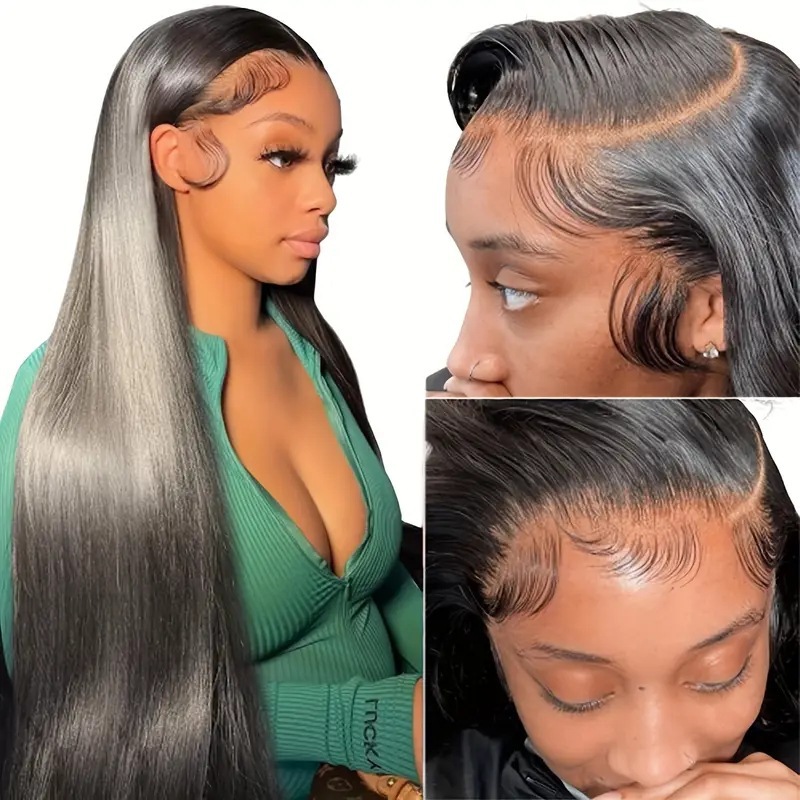 Parrucca in pizzo alla moda con riga centrale, capelli lunghi e lisci, testa intera, sintetica, clip-in con dettagli in pizzo, per uso quotidiano_voghion.com
