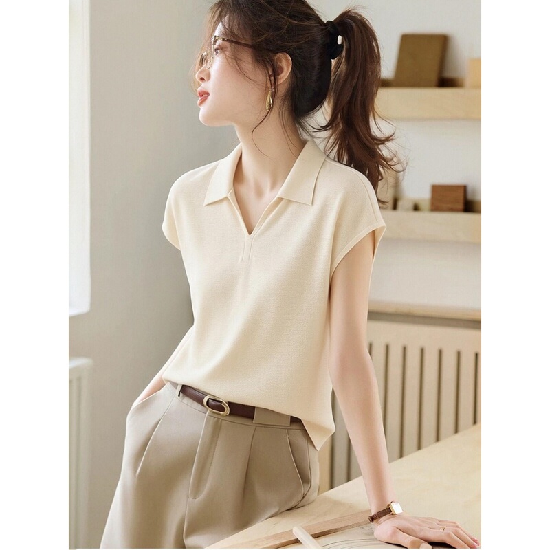 2026 Summer New Style Light and Elegant Polo Collar Short-Sleeved T-Shirt for Women, Off-White Lapel High-End Top