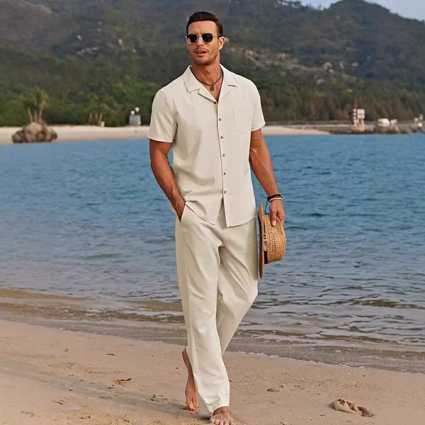 Amazon Short-Sleeve Long-Pants Men's Two-Piece Set Solid Color Clothing Beach Button-Up Shirt Casual Loose Pants