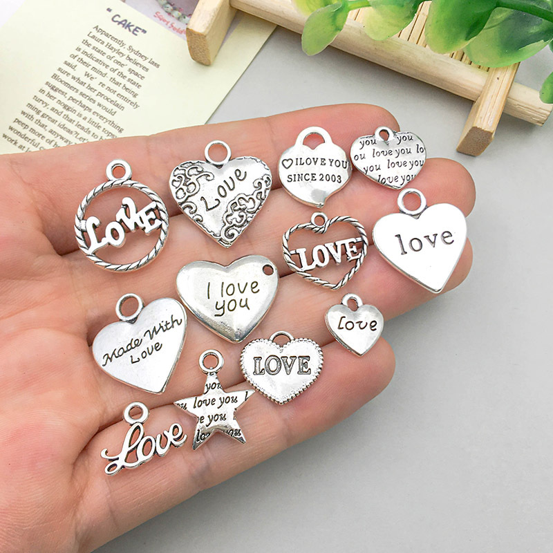 1 new ancient silver alloy simulation heart-shaped English letter pendant diy jewelry accessories